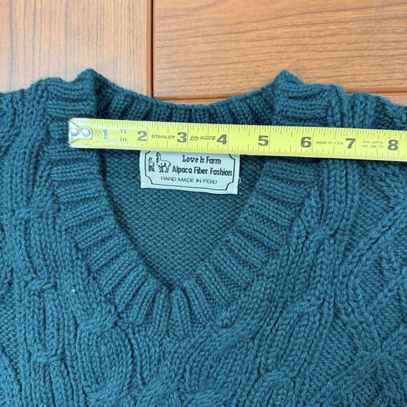 Vintage Teal Green Cable Knit V-Neck Unisex Sweater Handmade Peru Alpaca Wool OS - Picture 5 of 8